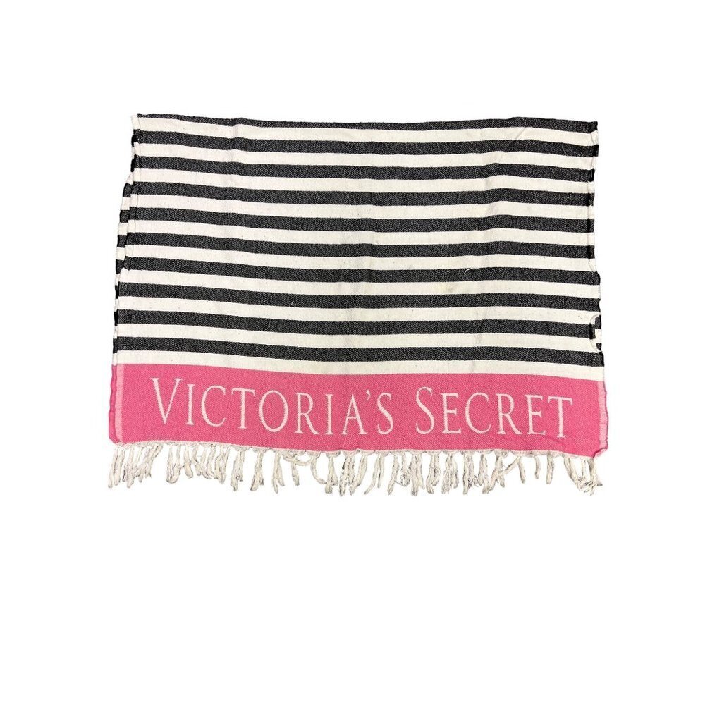 Victoria's Secret Pink Black White Stripe Throw Blanket Fringe 40" x 56"